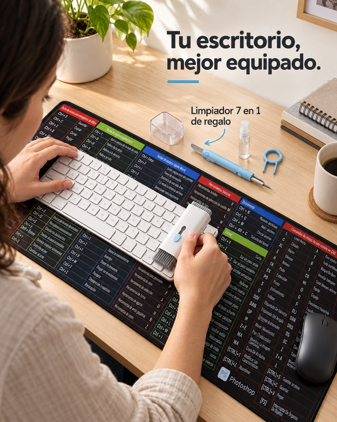 Mouse Pad XXL con atajos en español + Limpiador 7 en 1 GRATIS.