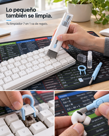 Mouse Pad XXL con atajos en español + Limpiador 7 en 1 GRATIS.