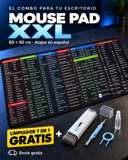 Mouse Pad XXL con atajos en español + Limpiador 7 en 1 GRATIS.