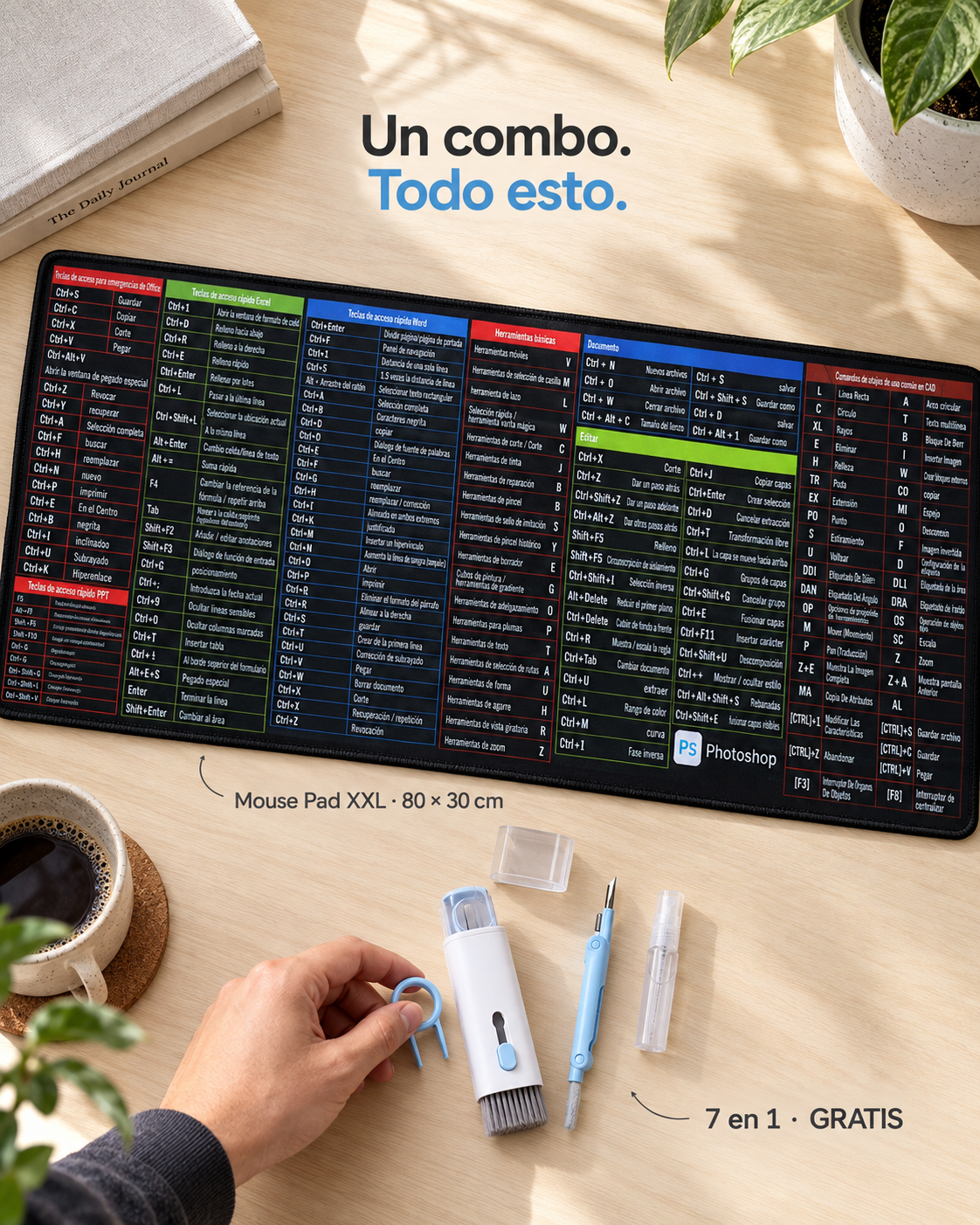 Mouse Pad XXL con atajos en español + Limpiador 7 en 1 GRATIS.