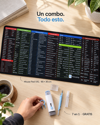 Mouse Pad XXL con atajos en español + Limpiador 7 en 1 GRATIS.